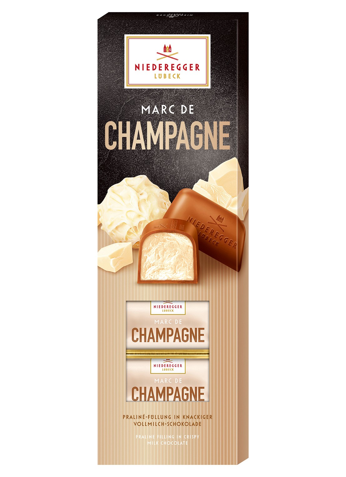 Niederegger Marc de Champagne praline 100 gram - voorkant beige