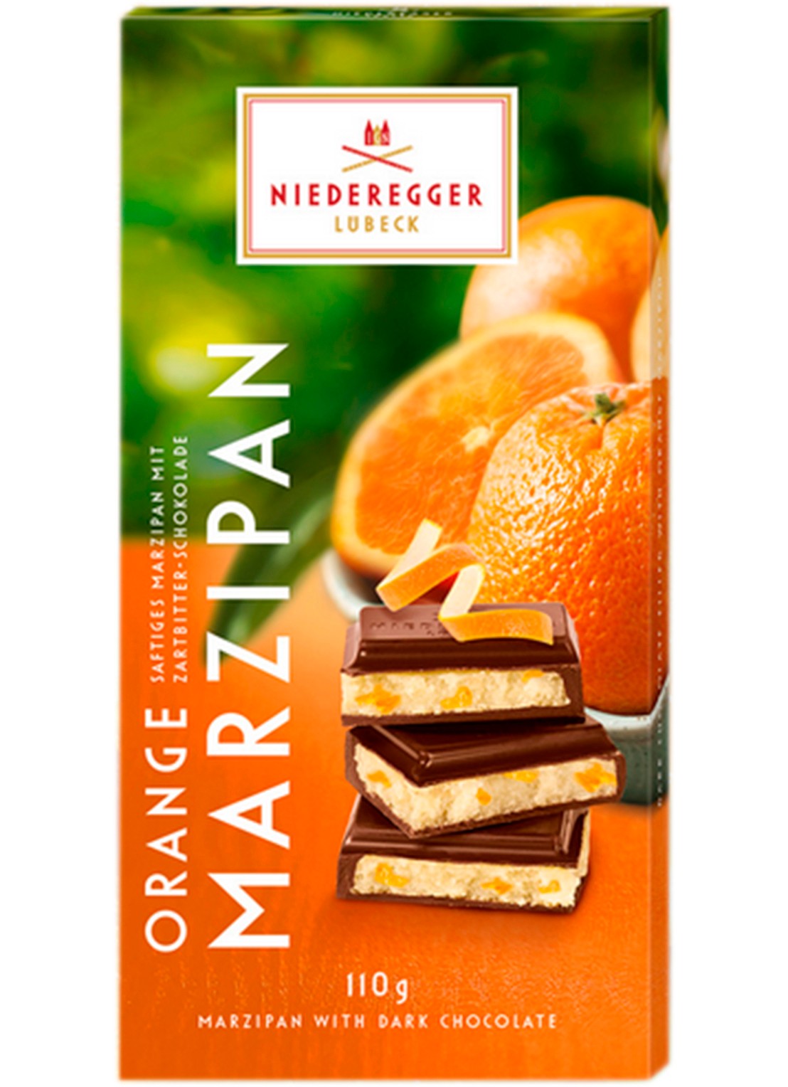 Niederegger Pure chocoladereep met sinaasappel marsepein vulling 110 gram - voorkant undefined