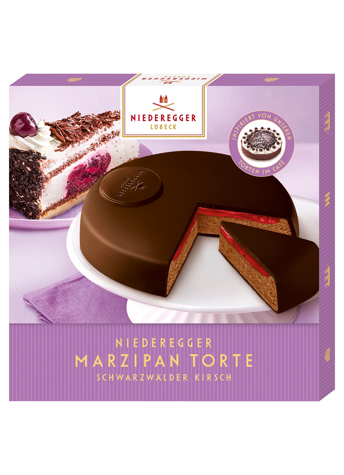 Niederegger Schwarzwälder Kirsch marsepeintaart 185 gram - voorkant beige
