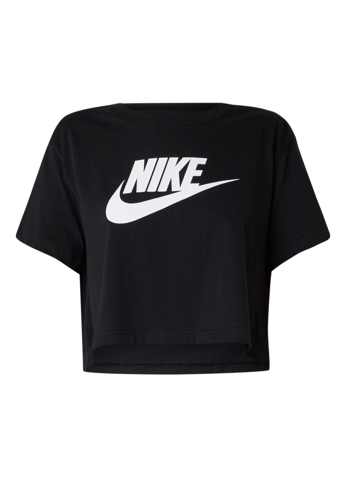 Nike Essential trainings cropped T-shirt met logoprint - voorkant 3 zwart