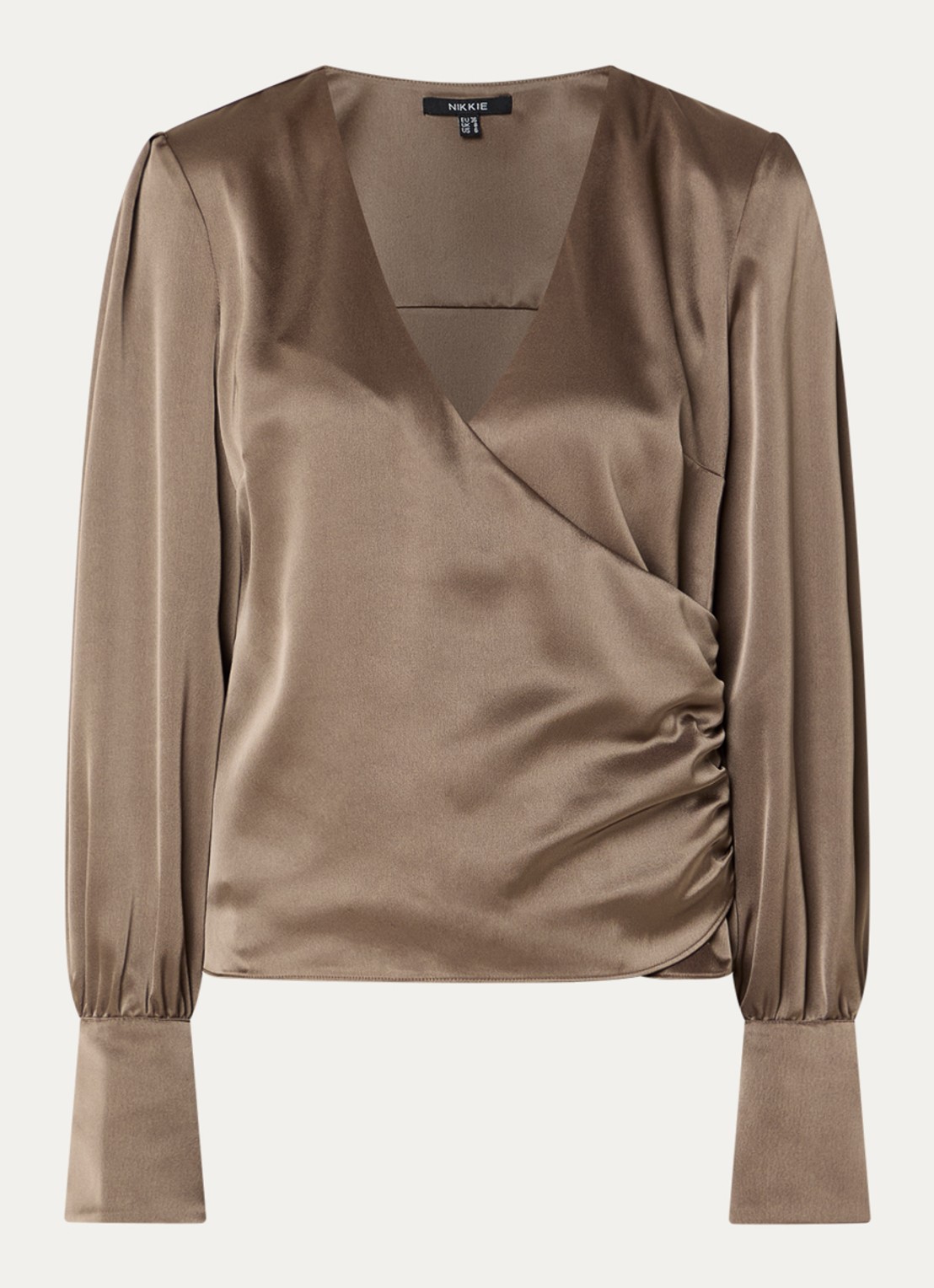 NIKKIE Aivy asymmetrische top van satijn met plooidetail - voorkant 3 donkerkhaki