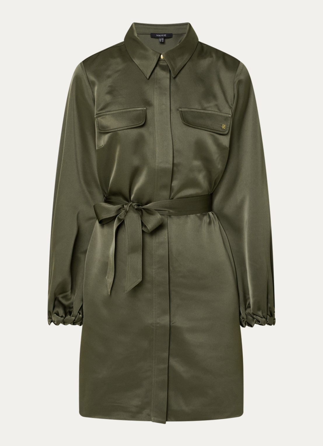 NIKKIE Aivy midi blousejurk van satijn - voorkant 3 groen