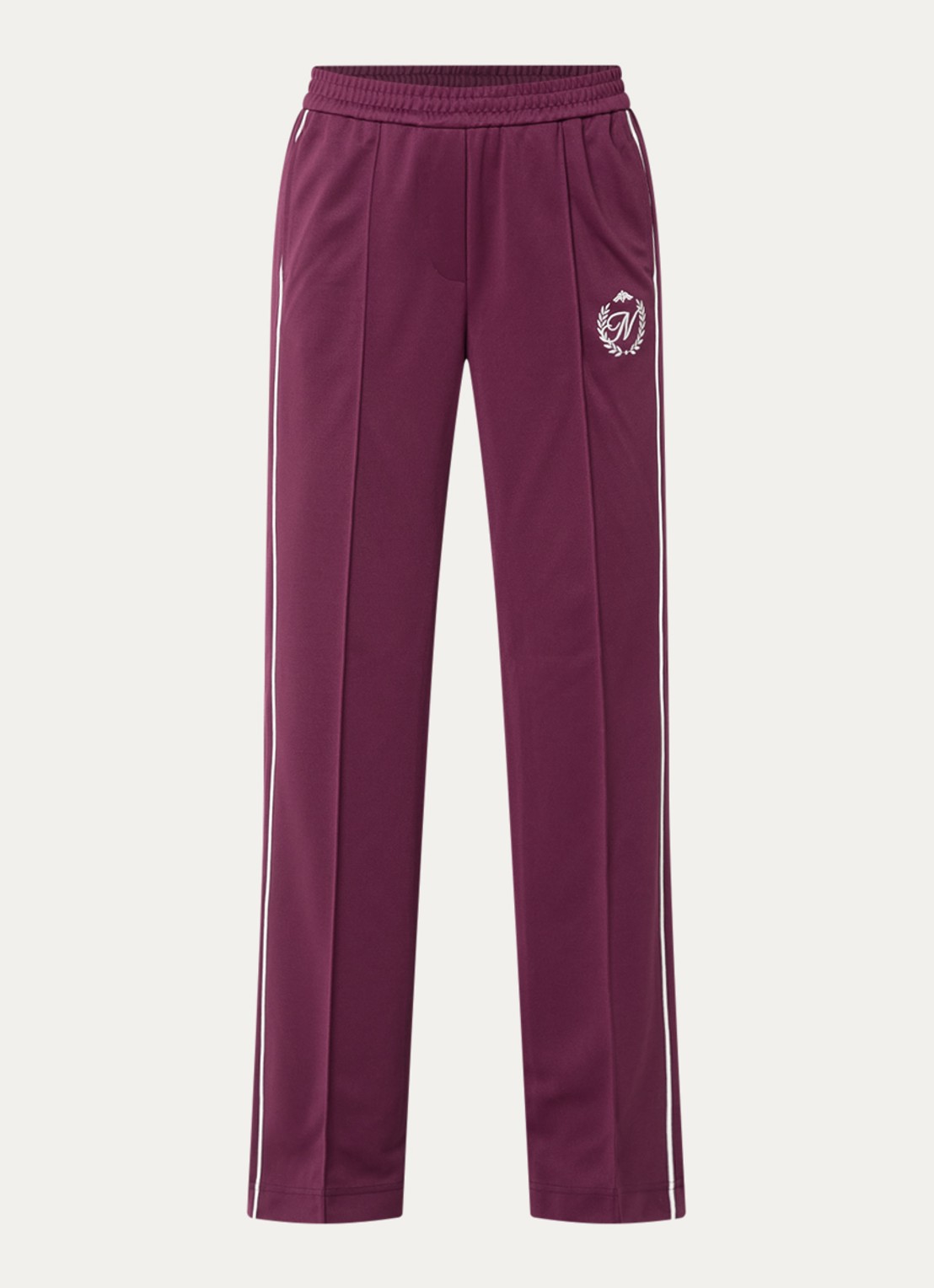 NIKKIE Alara high waist straight fit trackpants met logoborduring - voorkant aubergine
