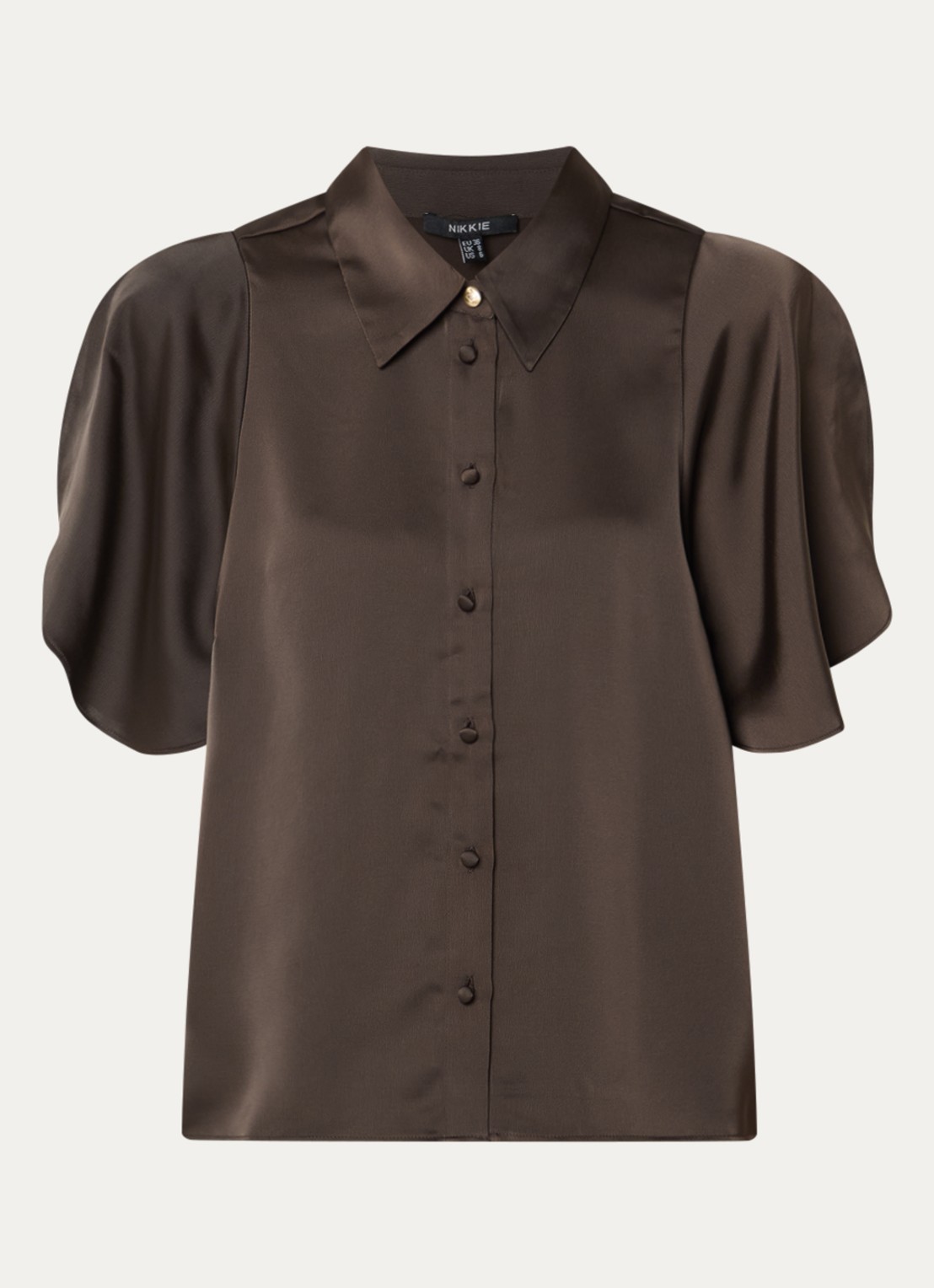 NIKKIE Alethe blouse van satijn met pofmouw - voorkant chocoladebruin