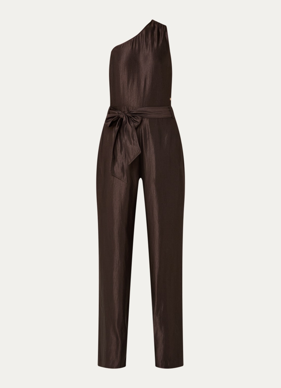 NIKKIE Alira loose fit jumpsuit met asymmetrische hals - voorkant bruin