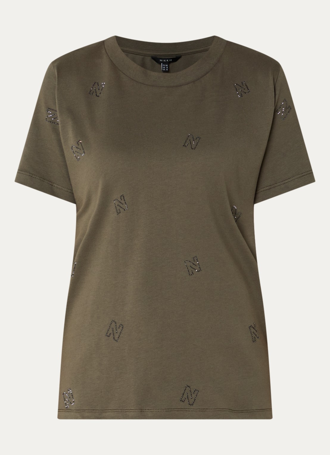NIKKIE Allover N T-shirt met logoprint en strass - voorkant donkergroen