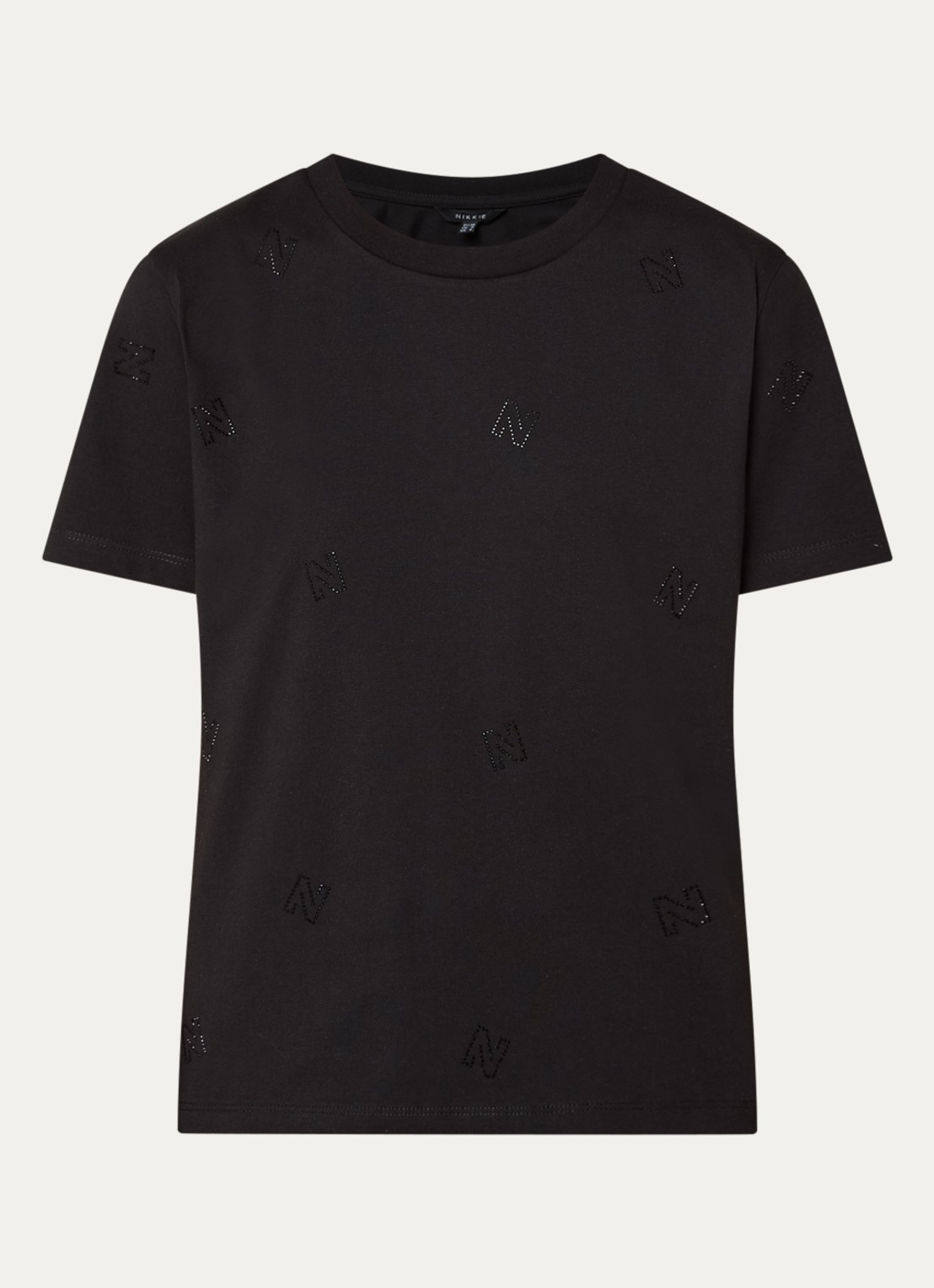 NIKKIE Allover N T-shirt met logoprint en strass - voorkant 3 zwart