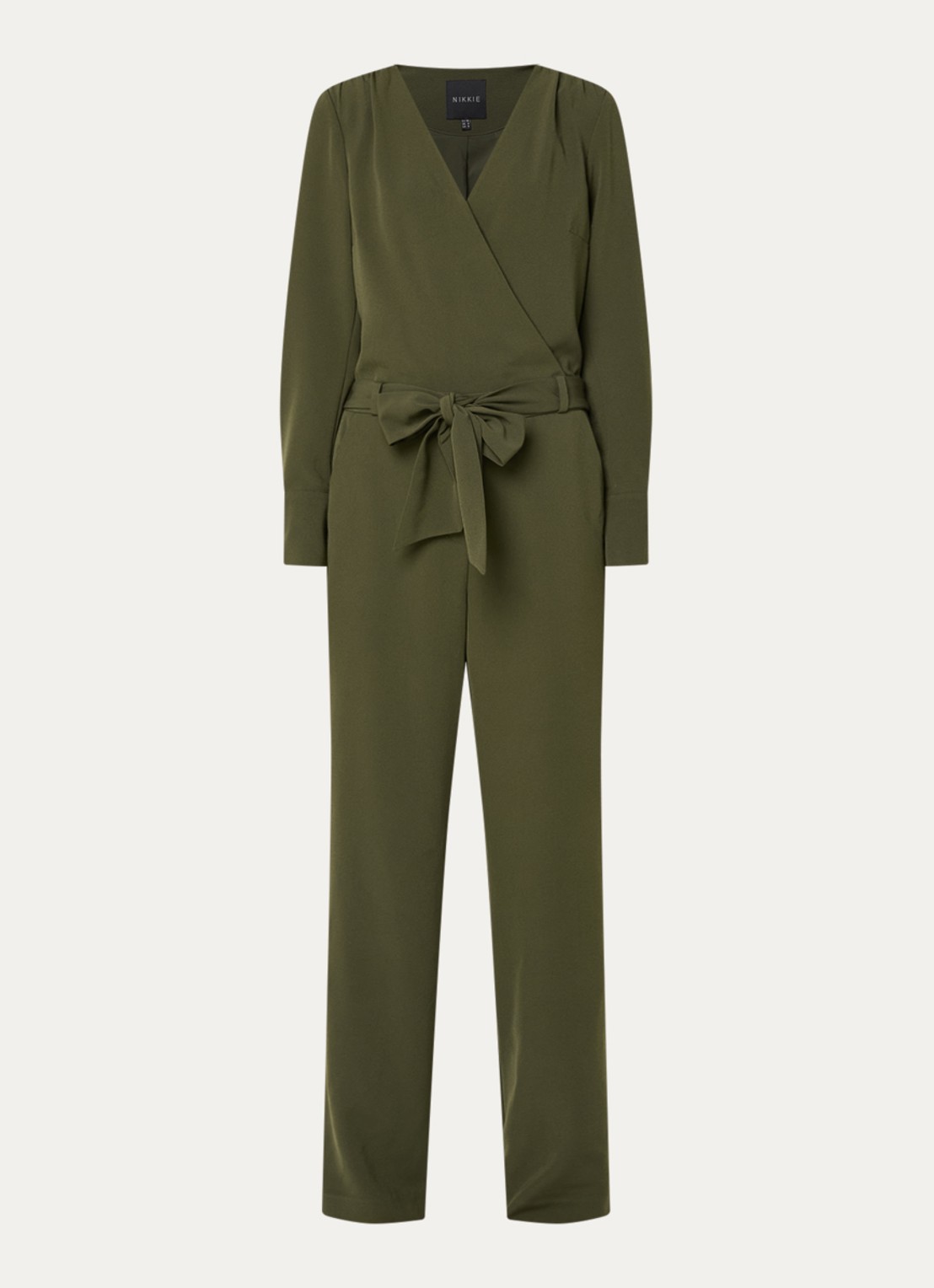 NIKKIE Amine loose fit jumpsuit met strikceintuur - voorkant 3 donkergroen