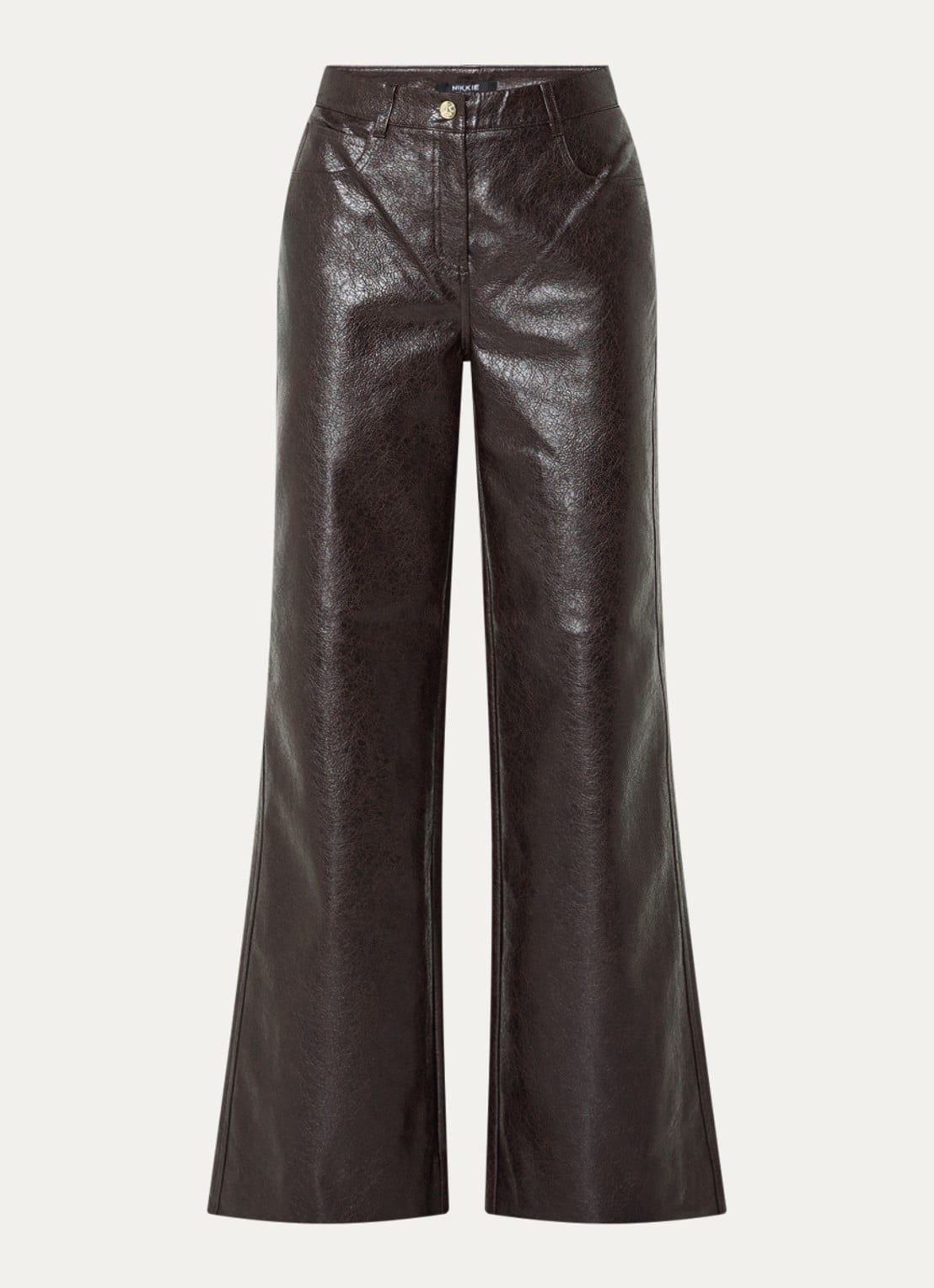 NIKKIE Anisa high waist wide fit broek van imitatieleer - voorkant 4 donkerbruin