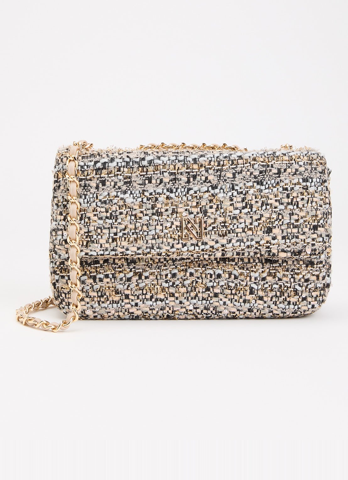 NIKKIE Ann Tweed schoudertas in wolblend met glitter - voorkant 5 donkerbeige