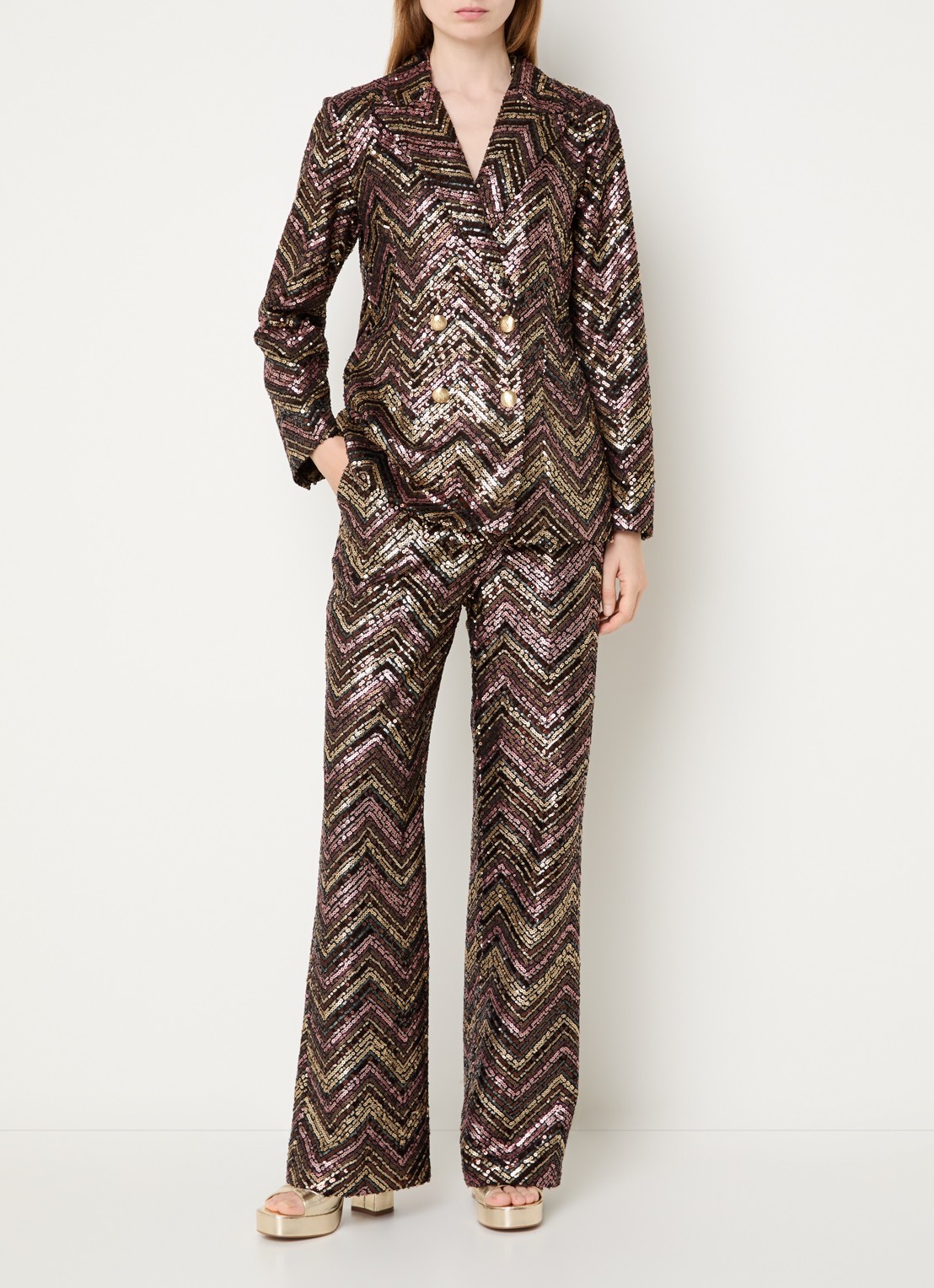 NIKKIE Annelies high waist loose fit pantalon met pailletten - voorkant 4 oudroze