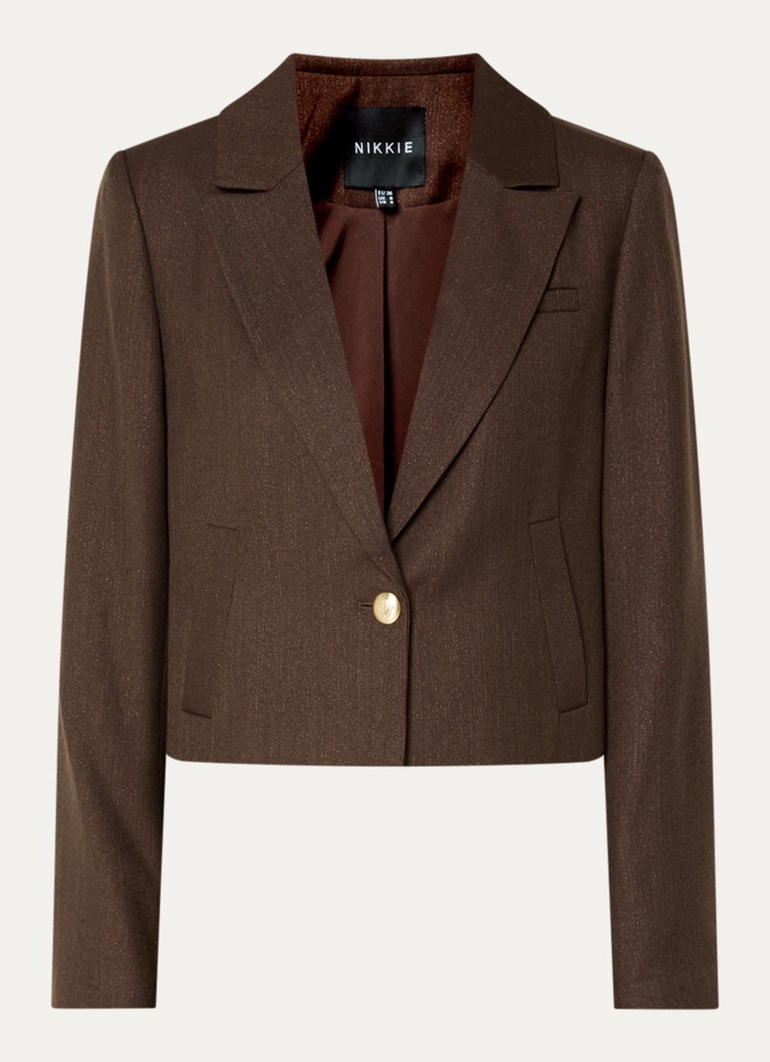 NIKKIE Anou cropped blazer met steekzakken - voorkant donkerbruin