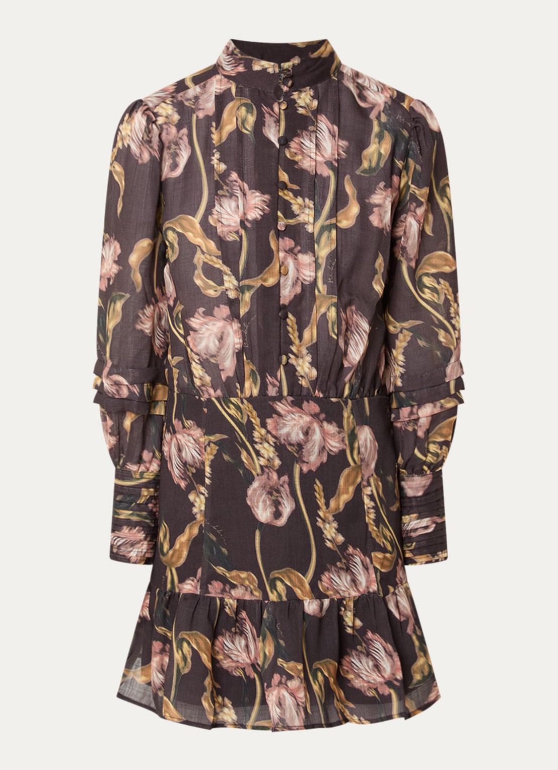 NIKKIE Apillone mini blouse jurk met boemenprint en volant - voorkant 3 chocoladebruin
