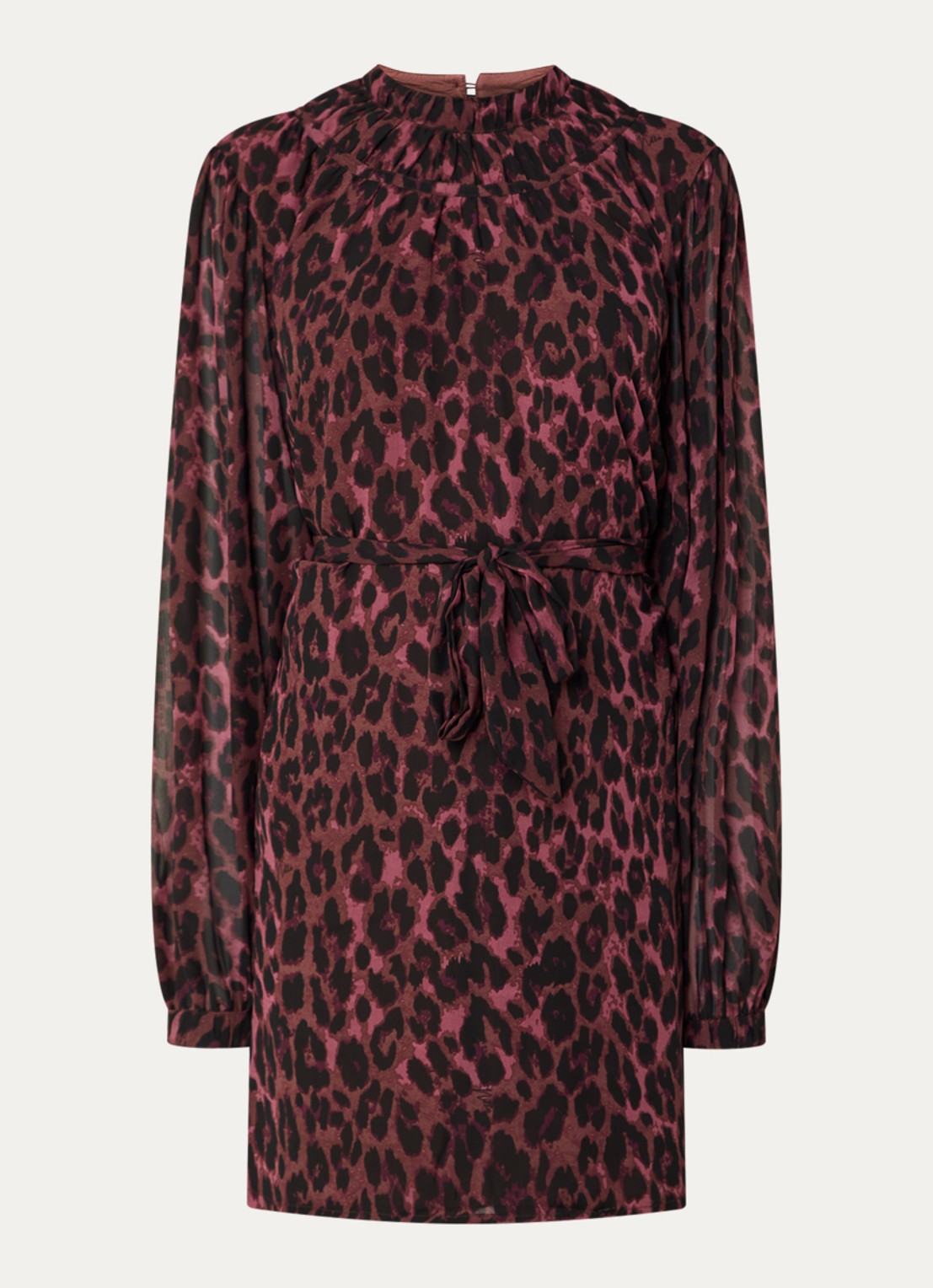 NIKKIE Arabella mini jurk met dierenprint - voorkant aubergine