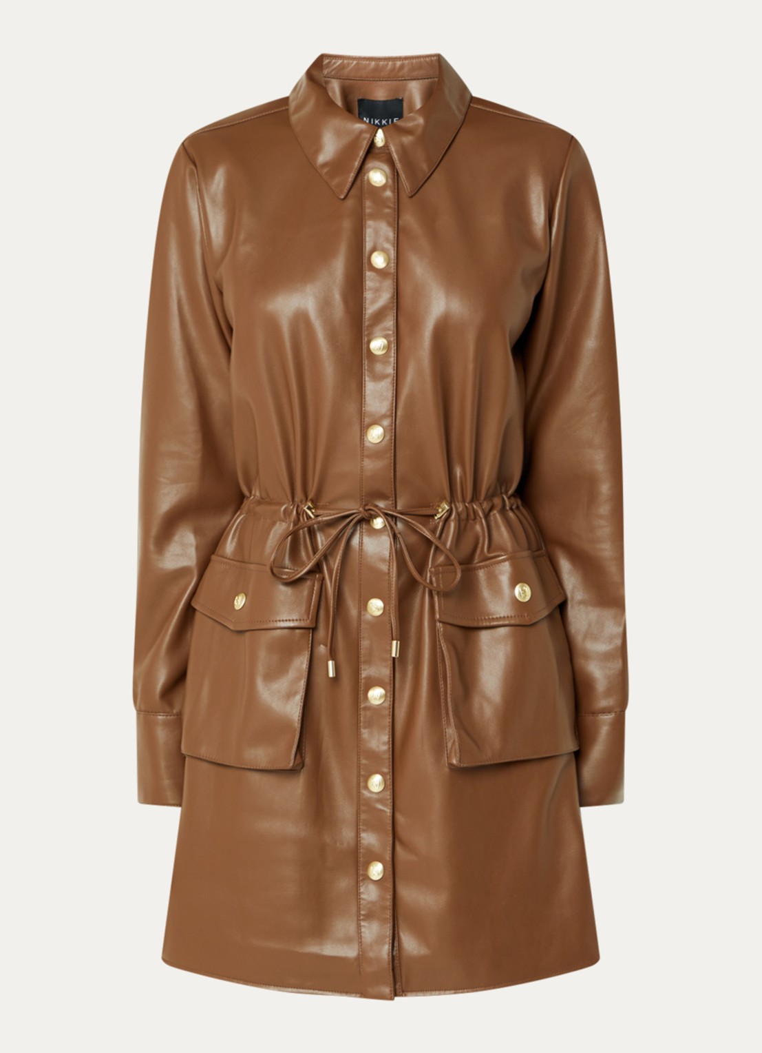 NIKKIE Arissa midi blousejurk van imitatieleer - voorkant 2 bruin