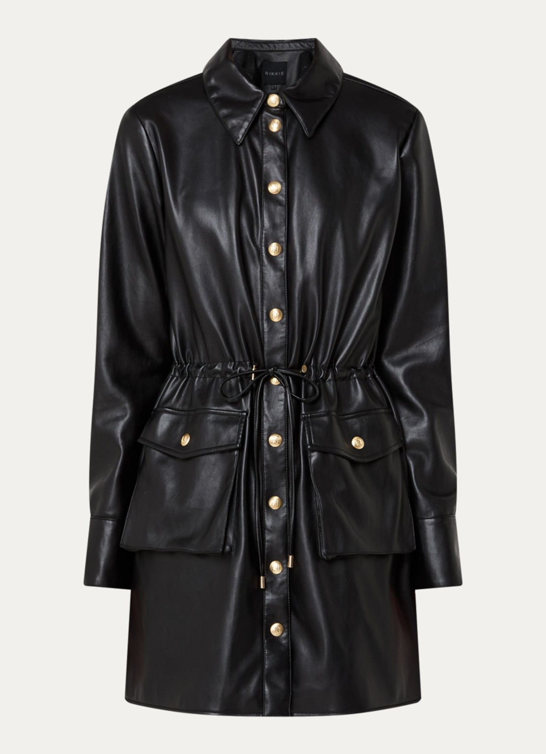 NIKKIE Arissa midi blousejurk van imitatieleer - voorkant 3 zwart