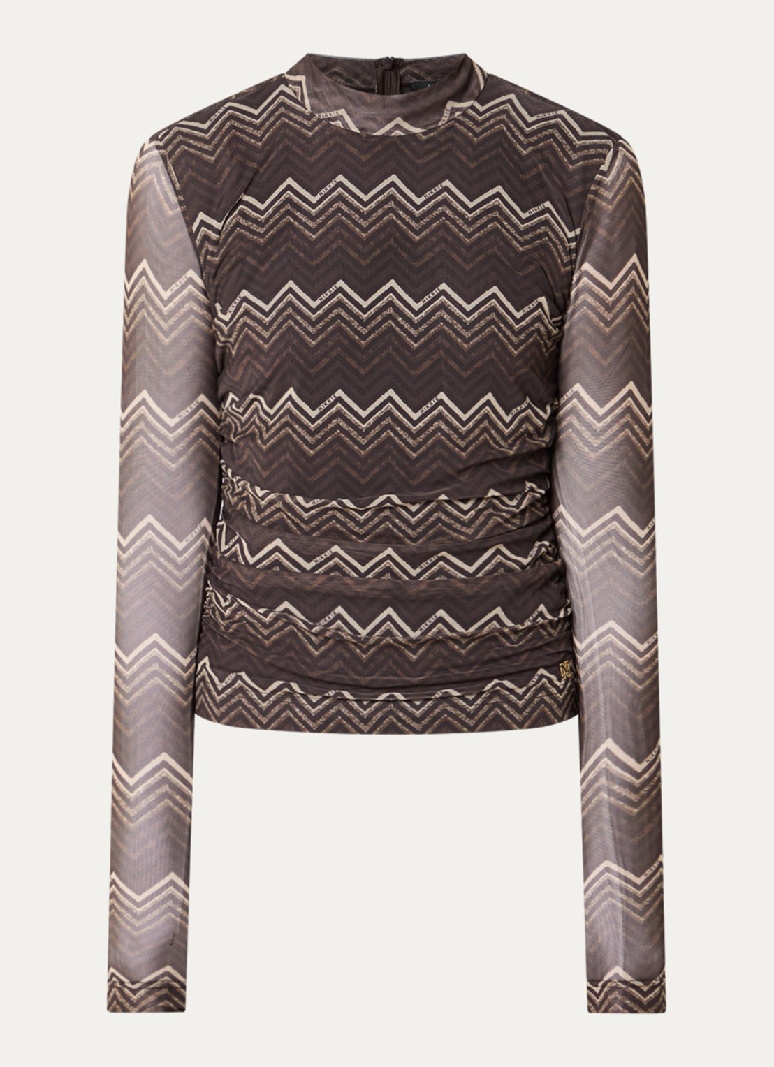 NIKKIE Ariva semi-transparante top van mesh met ruches en print - voorkant 3 chocoladebruin