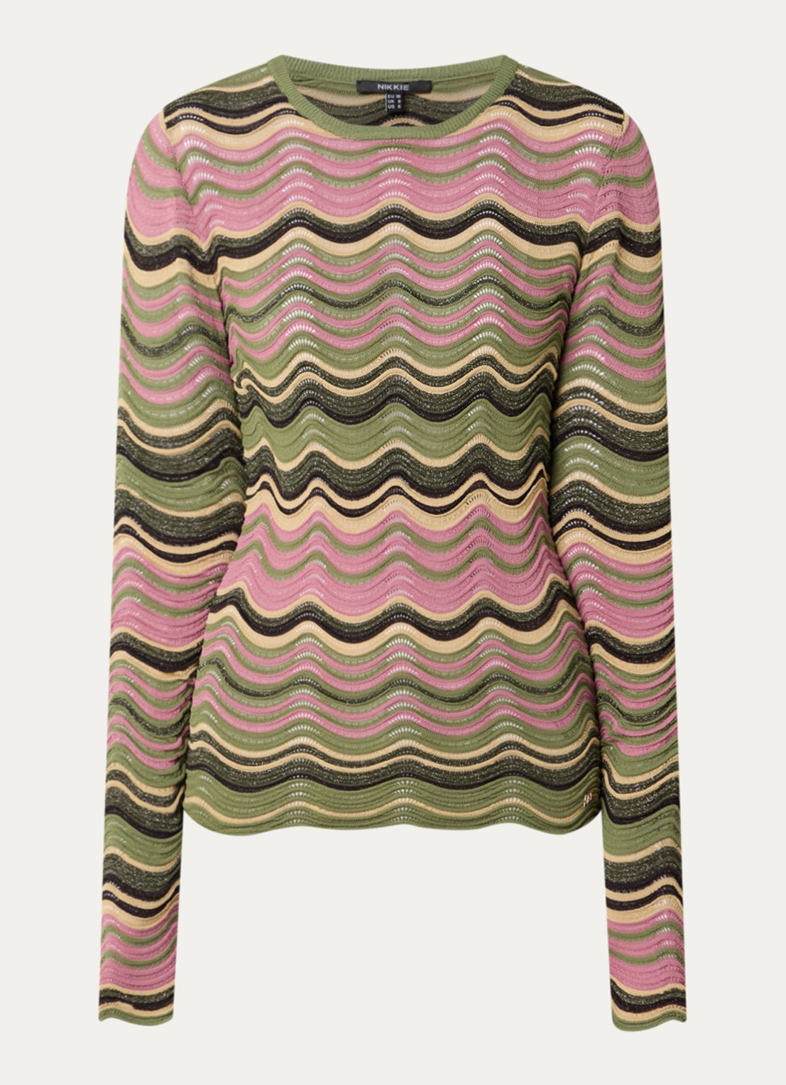 NIKKIE Arlla top met ingebreid patroon en lurex - voorkant 2 bronsgroen