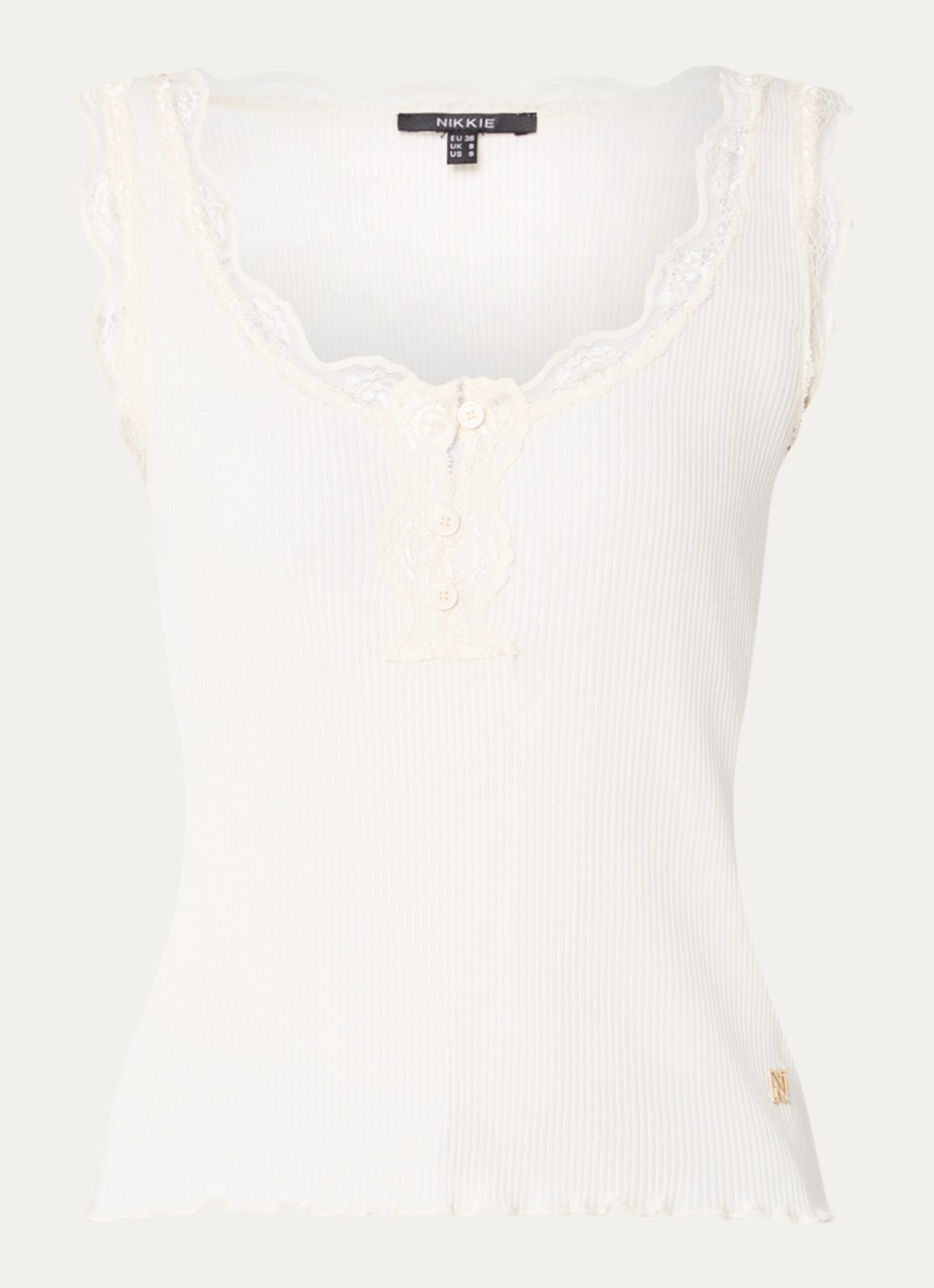 NIKKIE Arlynn tanktop met ribstructuur en details van kant - voorkant gebroken wit
