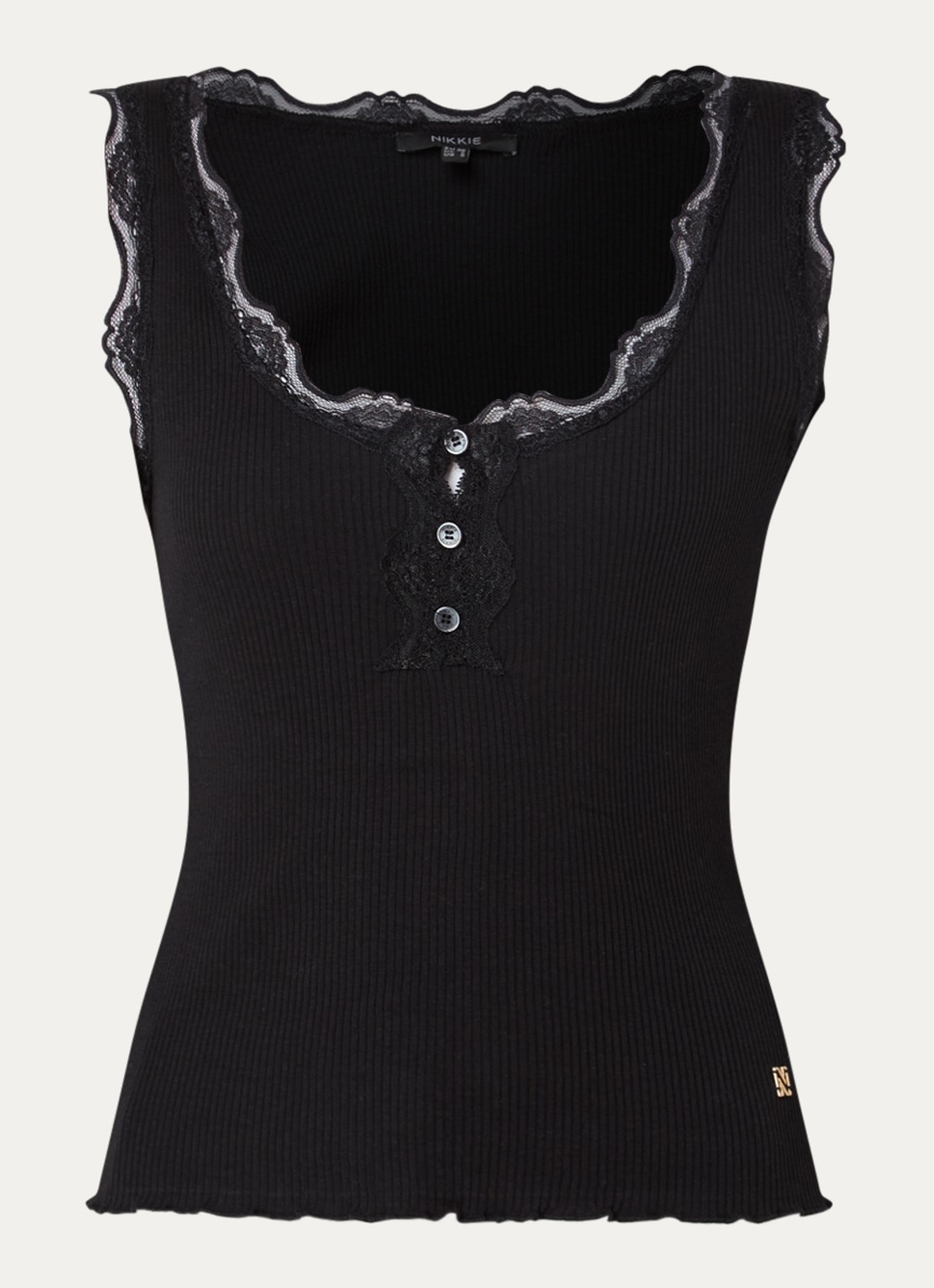 NIKKIE Arlynn tanktop met ribstructuur en details van kant - voorkant 3 zwart