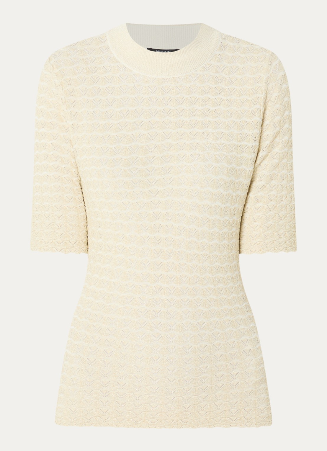 NIKKIE Arvella top met opengewerkt dessin en lurex - voorkant 2 gebroken wit