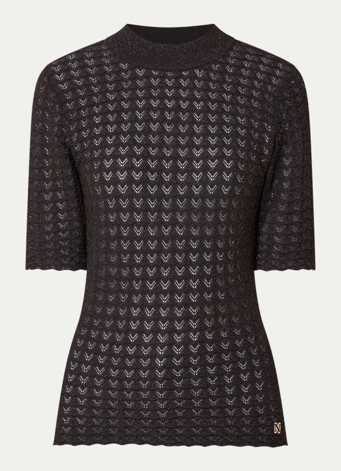 NIKKIE Arvella top met opengewerkt dessin en lurex - voorkant 2 chocoladebruin