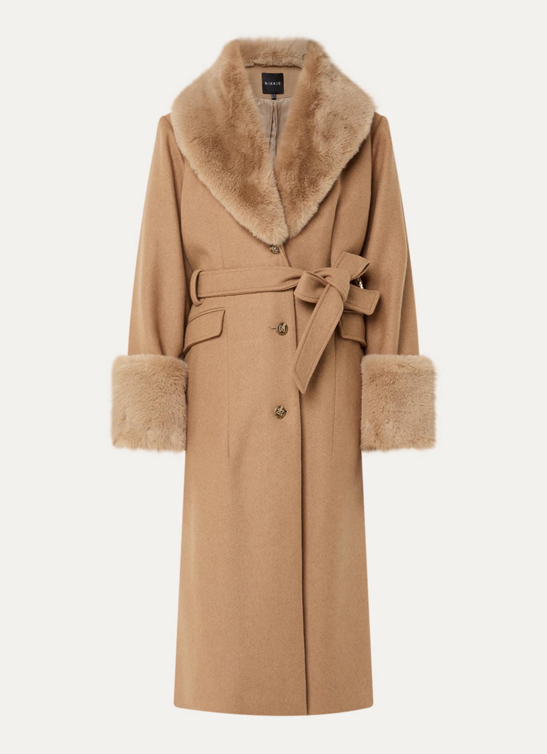 NIKKIE Auria mantel in wolblend met details van imitatiebont - voorkant 3 camel