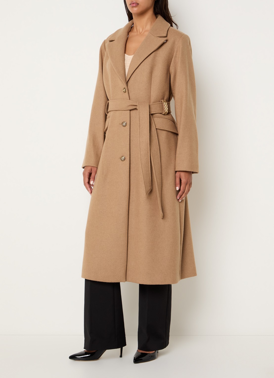 NIKKIE Auria mantel in wolblend met details van imitatiebont - voorkant 4 camel