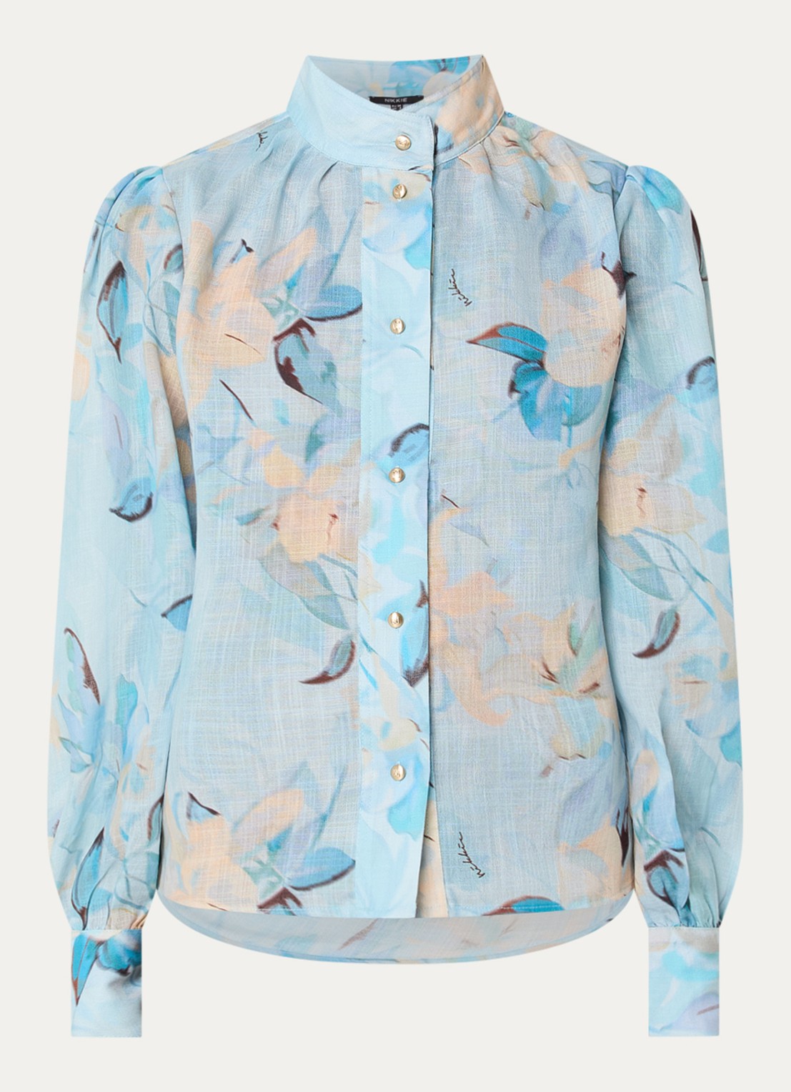 NIKKIE Avalon semi-transparante blouse met bloemprint  - voorkant lichtblauw