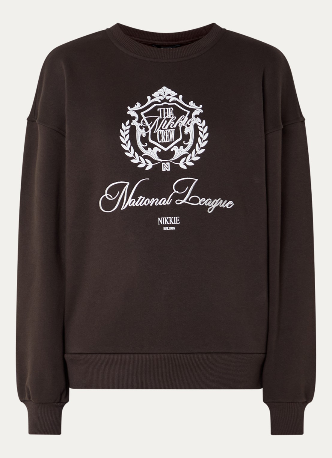 NIKKIE College sweater met logoborduring en -print - voorkant 2 chocoladebruin