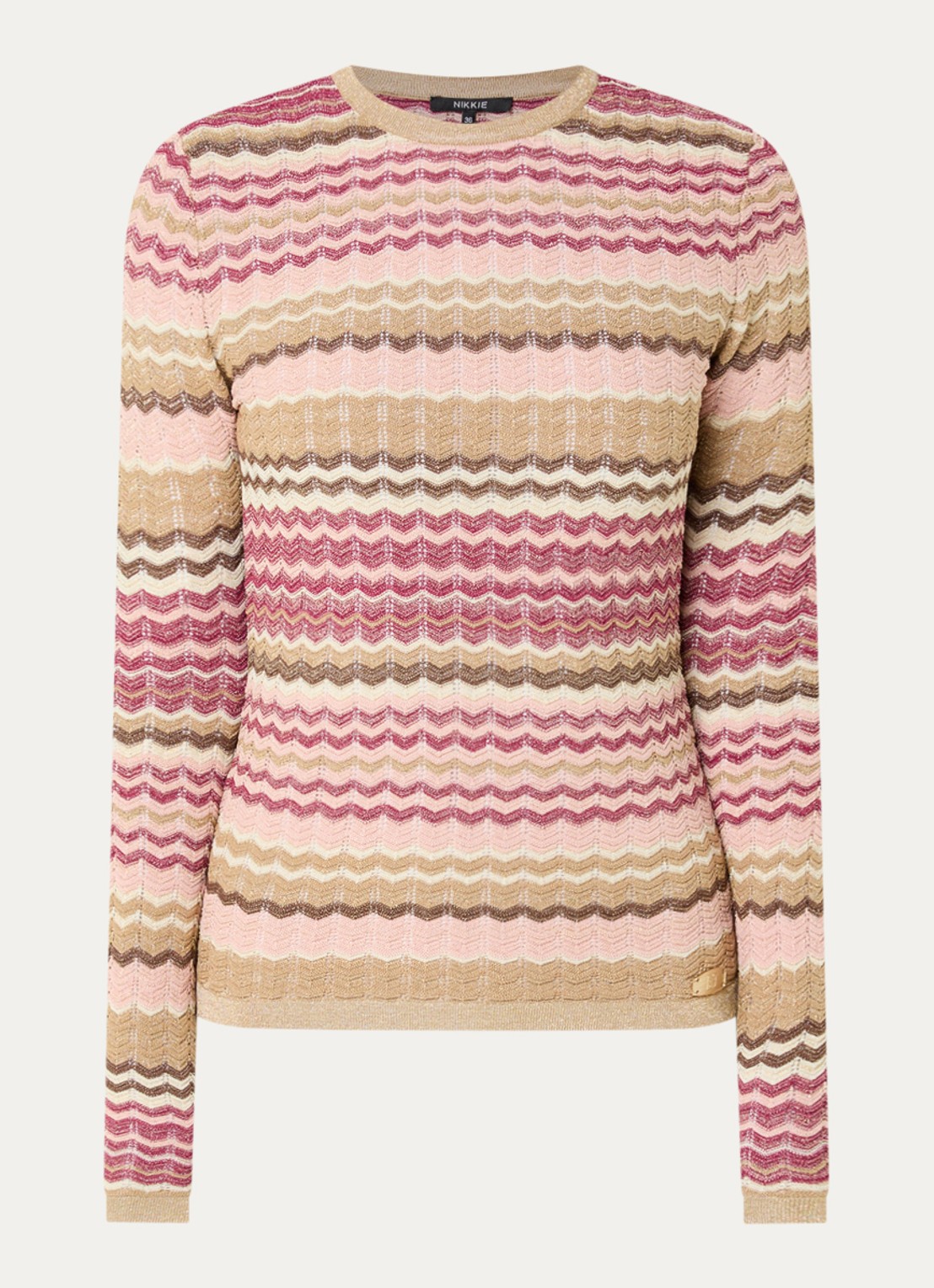 NIKKIE Fijngebreide trui met ingebreide print - voorkant beige