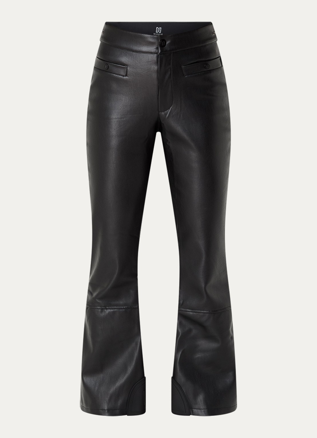NIKKIE Giza high waist flared fit skibroek van imitatieleer met steekzakken - voorkant 2 zwart