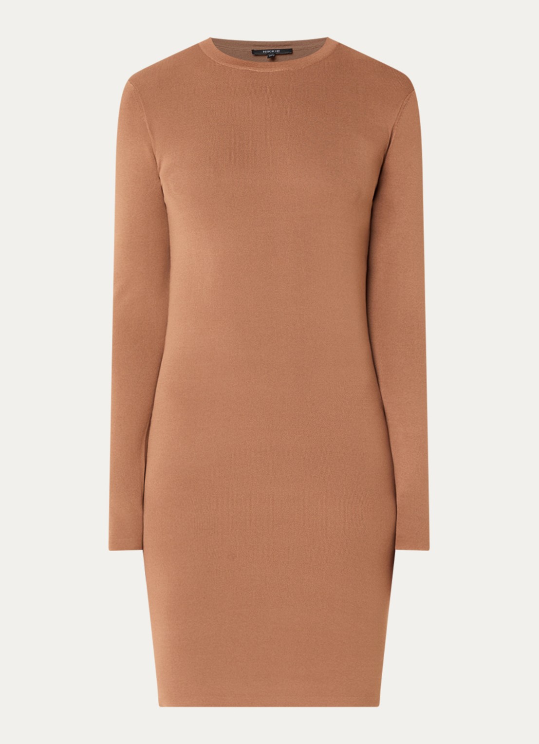 NIKKIE Jolie fijngebreide fitted midi jurk - voorkant 2 camel