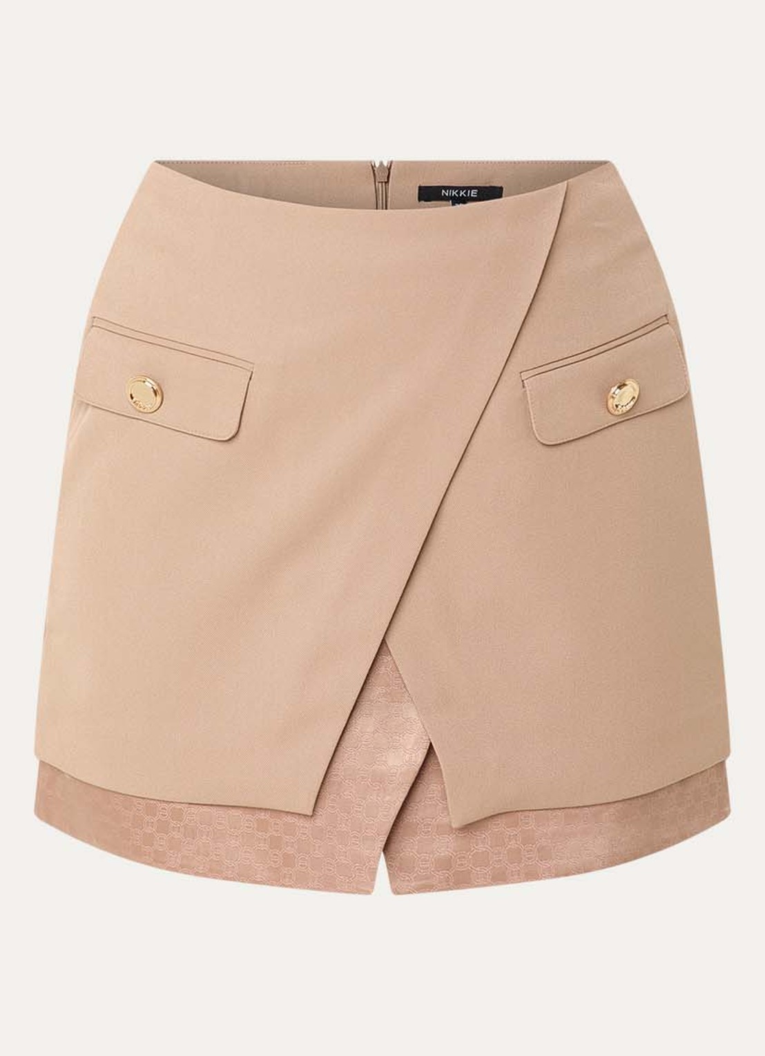 NIKKIE Oakland minirok met overslag en klepzakken - voorkant camel