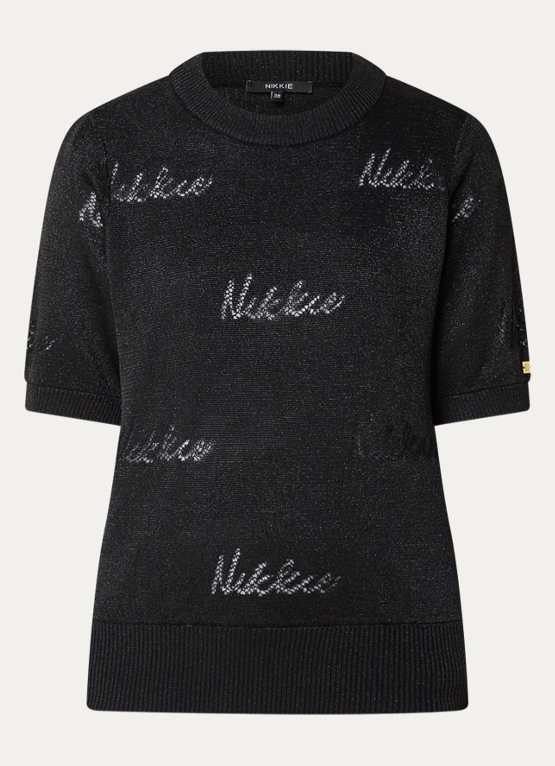 NIKKIE Omarah top met lurex en logo - voorkant 2 zwart