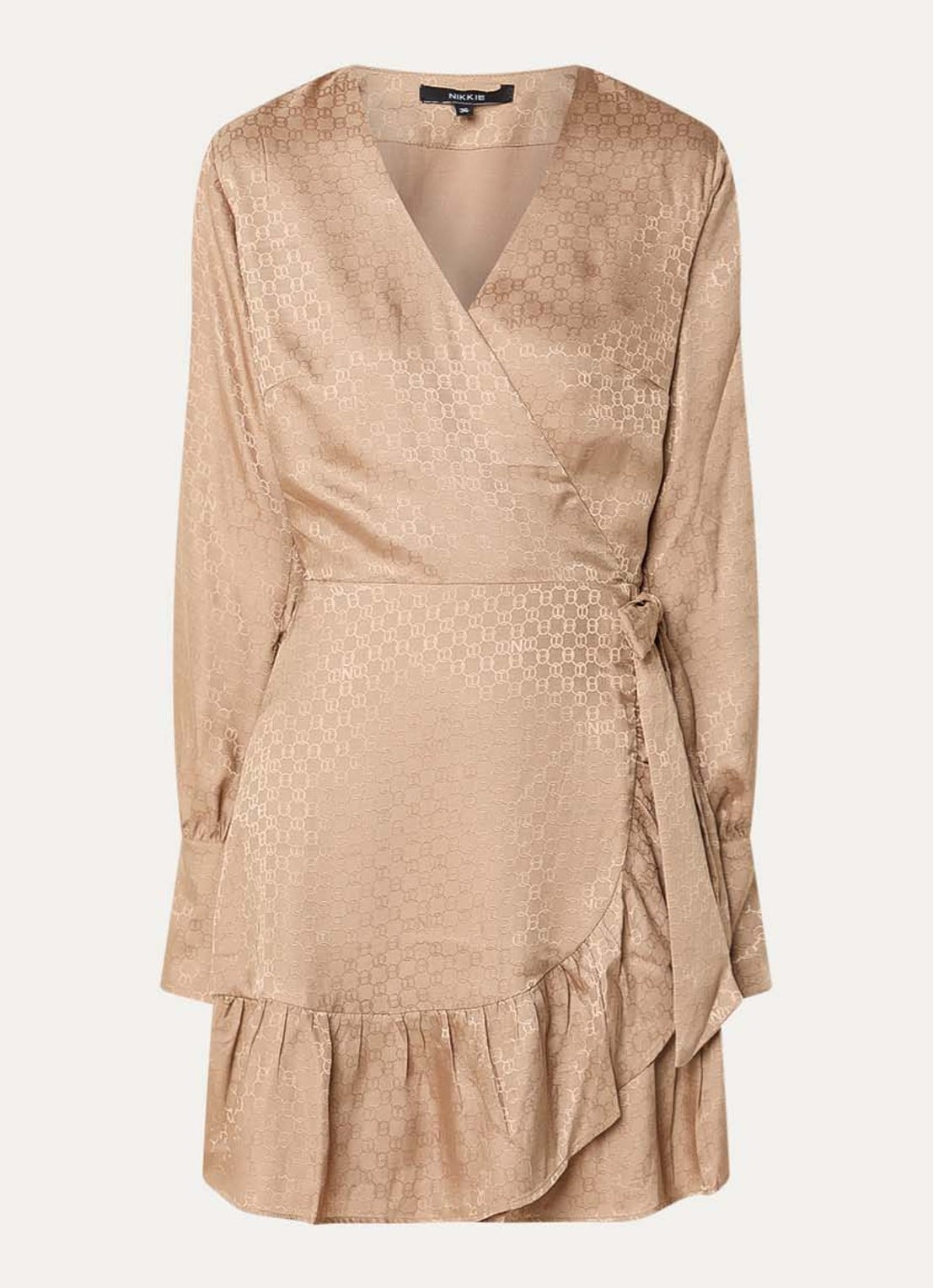 NIKKIE Opava mini wikkeljurk met logoprint en volant - voorkant 2 beige