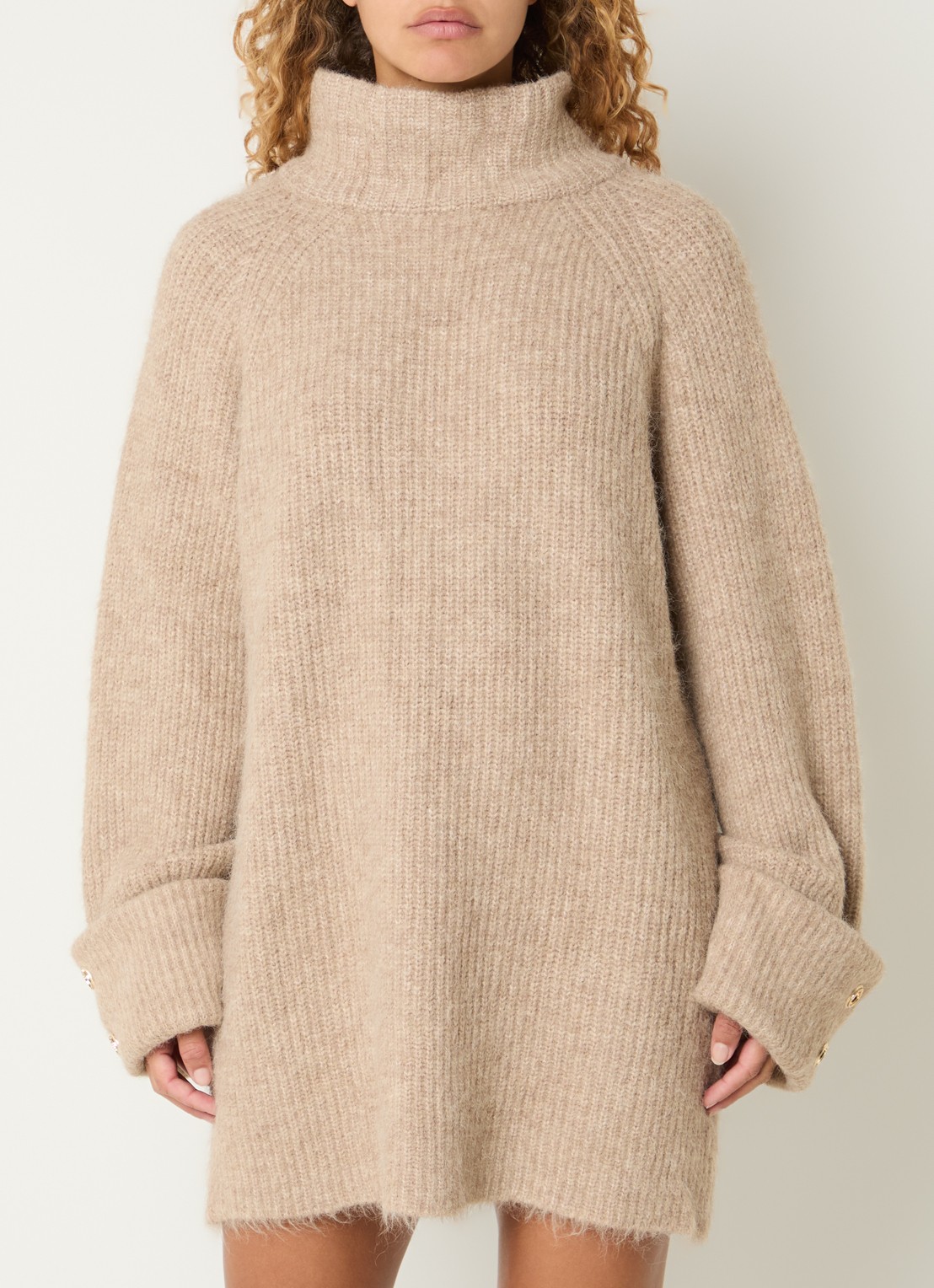 NIKKIE Opole grofgebreide mini trui-jurk in wolblend met col - detail 3 beige