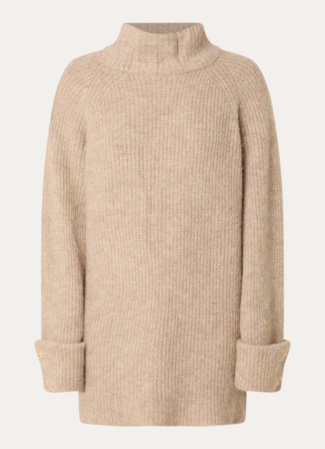 NIKKIE Opole grofgebreide mini trui-jurk in wolblend met col - voorkant beige