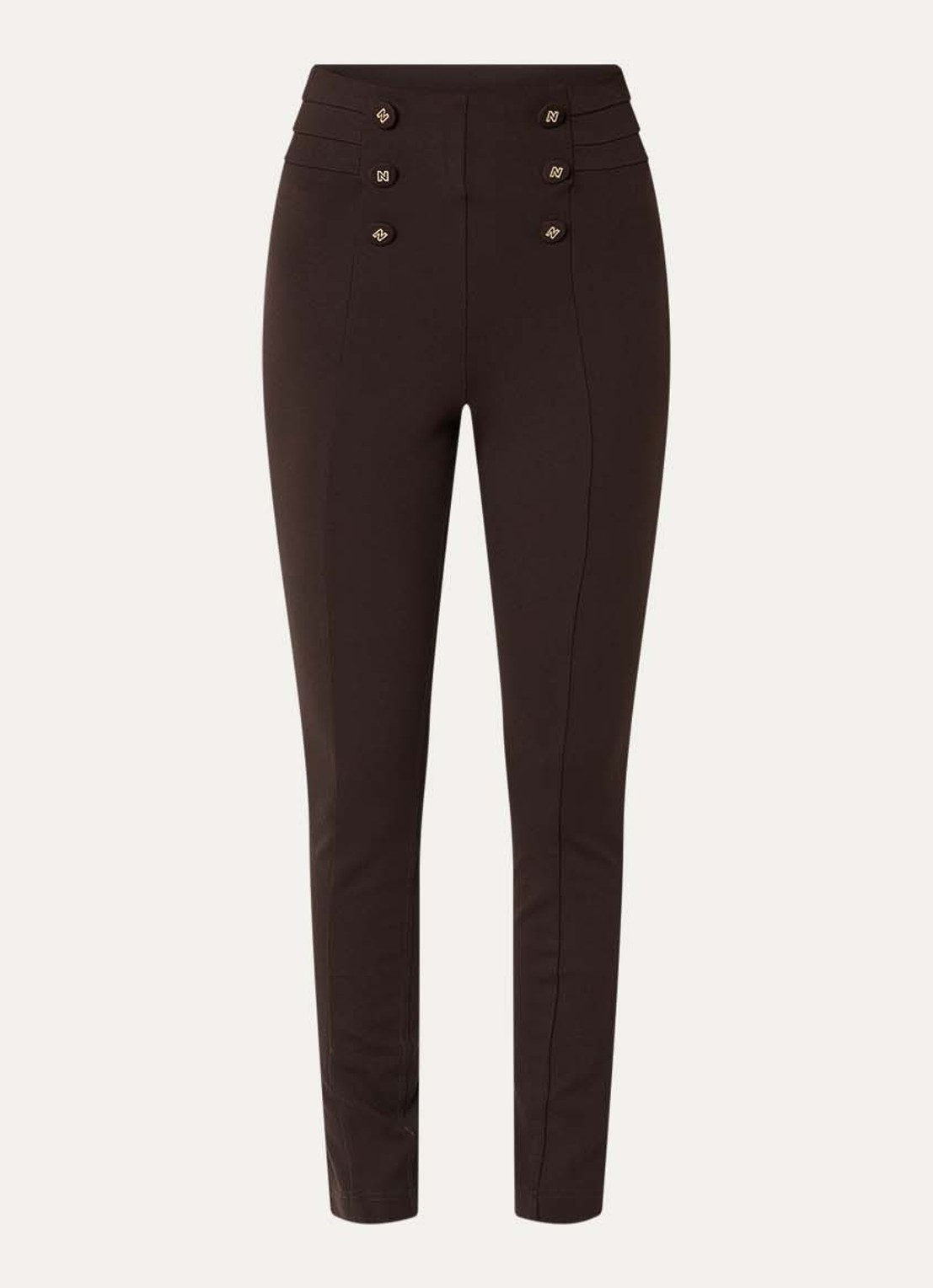 NIKKIE Oroville high waist skinny fit broek met sierknopen - voorkant 3 donkerbruin