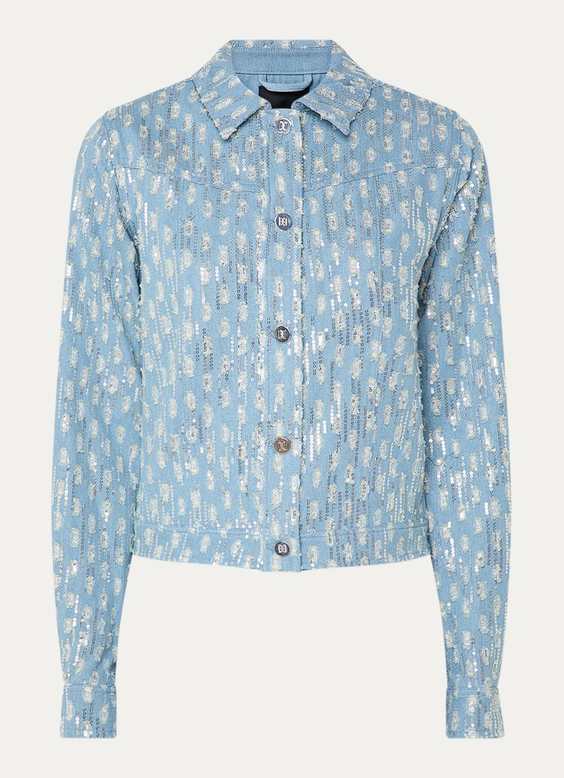 NIKKIE Pools blouse van denim met pailletten - voorkant lichtblauw