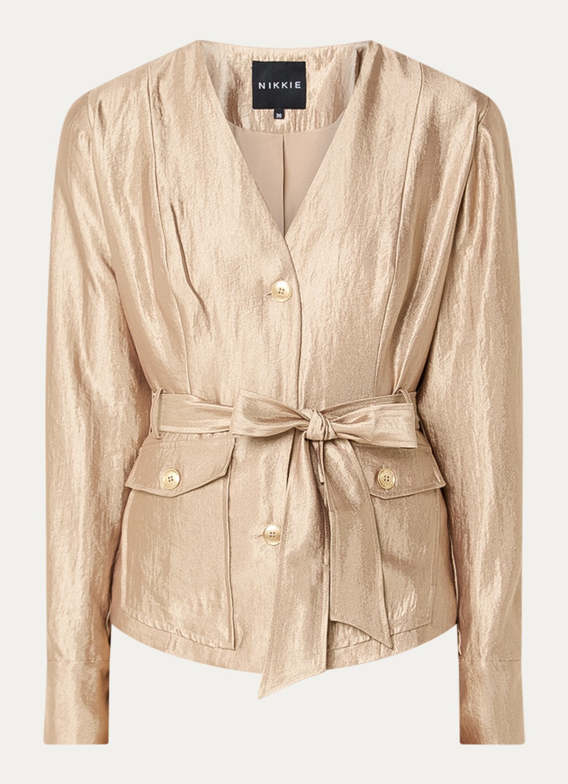 NIKKIE Porlamar blouse met metallic finish en strikdetail - voorkant camel
