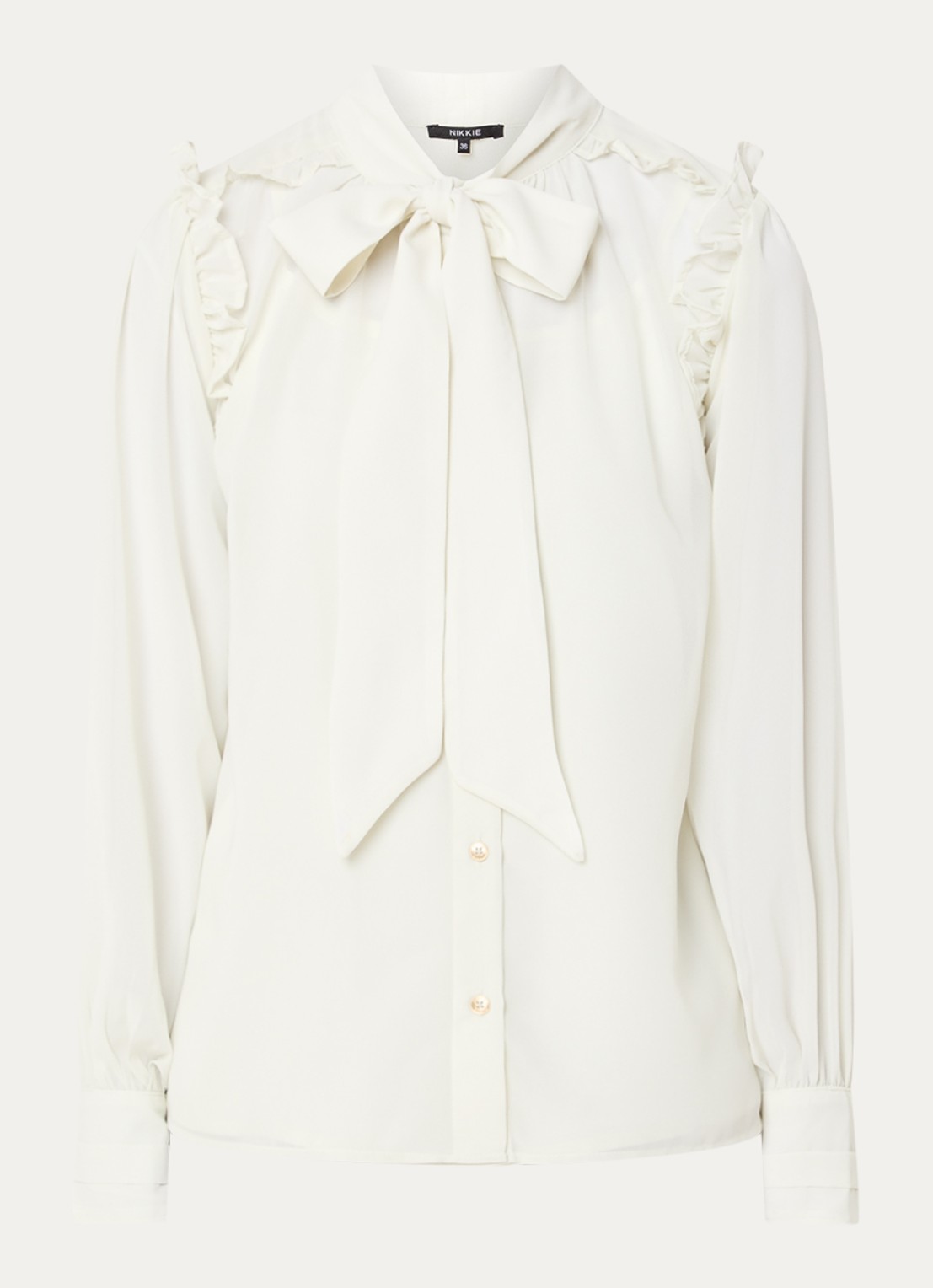 NIKKIE Pragues blouse met volant en sjaalkraag - voorkant beige