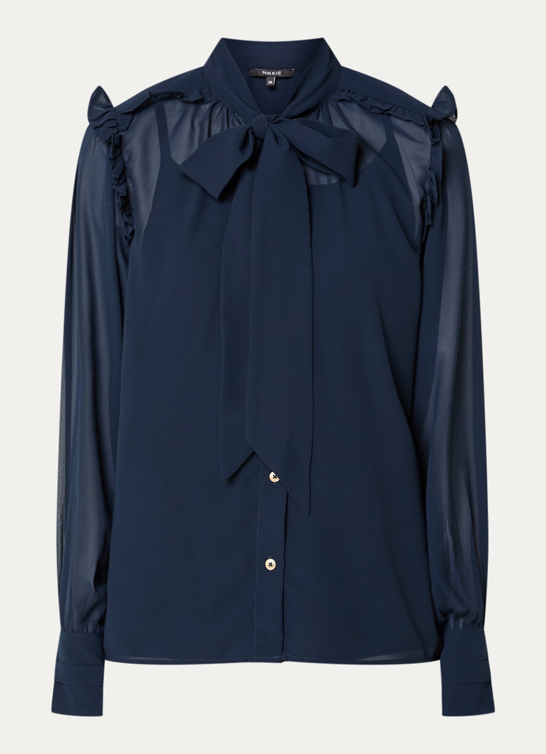 NIKKIE Pragues blouse met volant en sjaalkraag - voorkant 2 donkerblauw