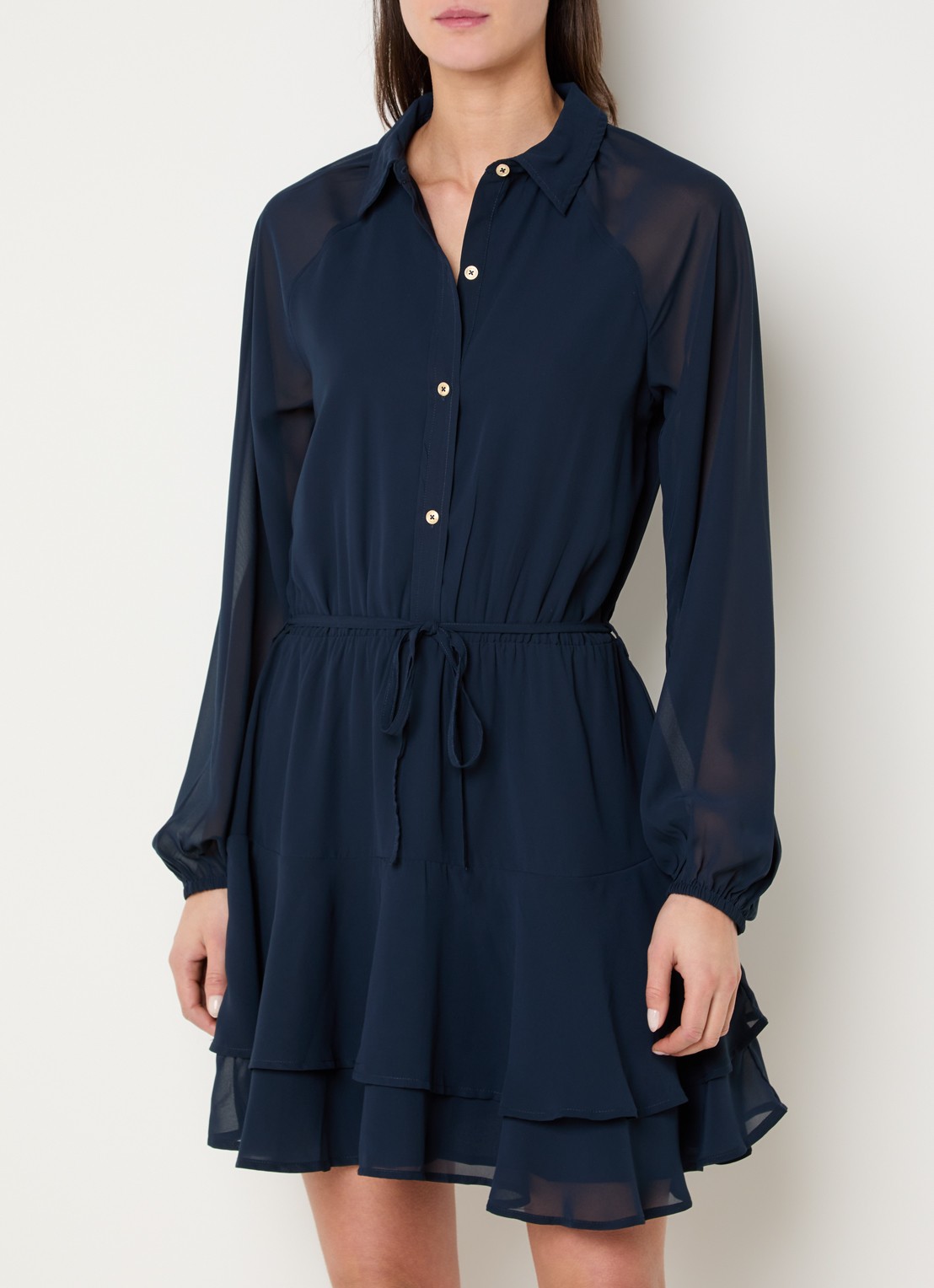 NIKKIE Pragues mini blousejurk met ballonmouwen - detail donkerblauw