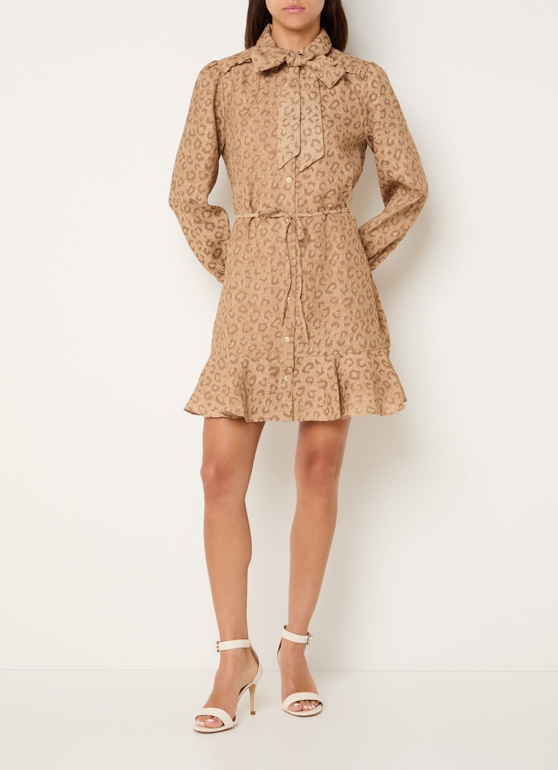 NIKKIE Pragues mini jurk met panterprint - voorkant 4 lichtbruin