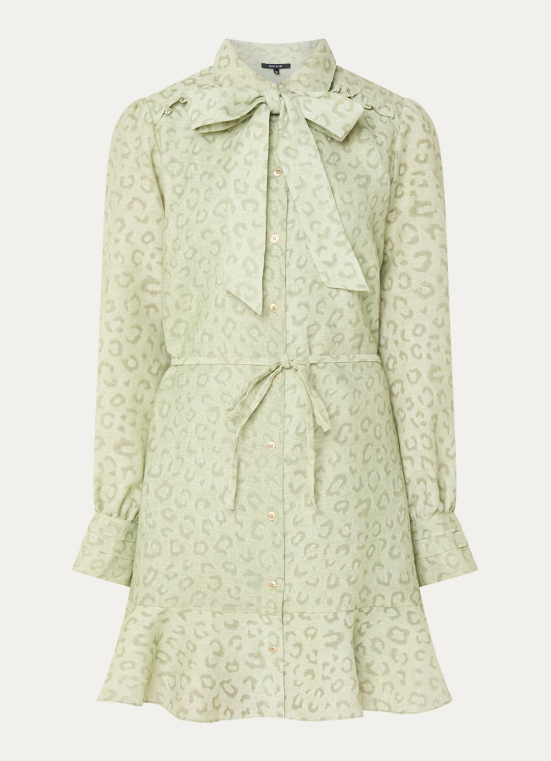 NIKKIE Pragues mini jurk met panterprint - voorkant 2 lichtgroen