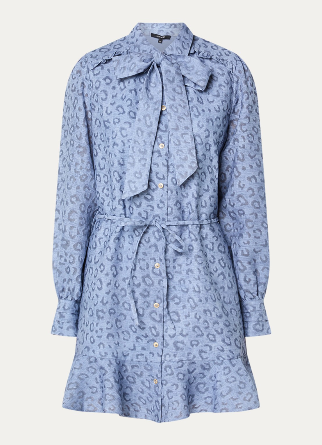 NIKKIE Pragues mini jurk met panterprint - voorkant staalblauw