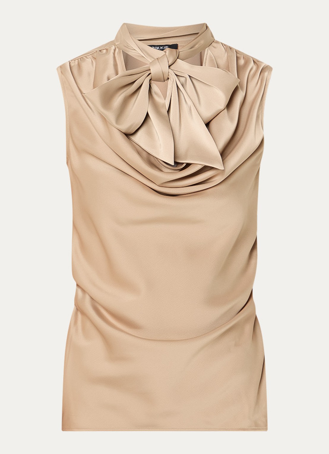 NIKKIE Provo top van satijn met watervalhals - voorkant beige