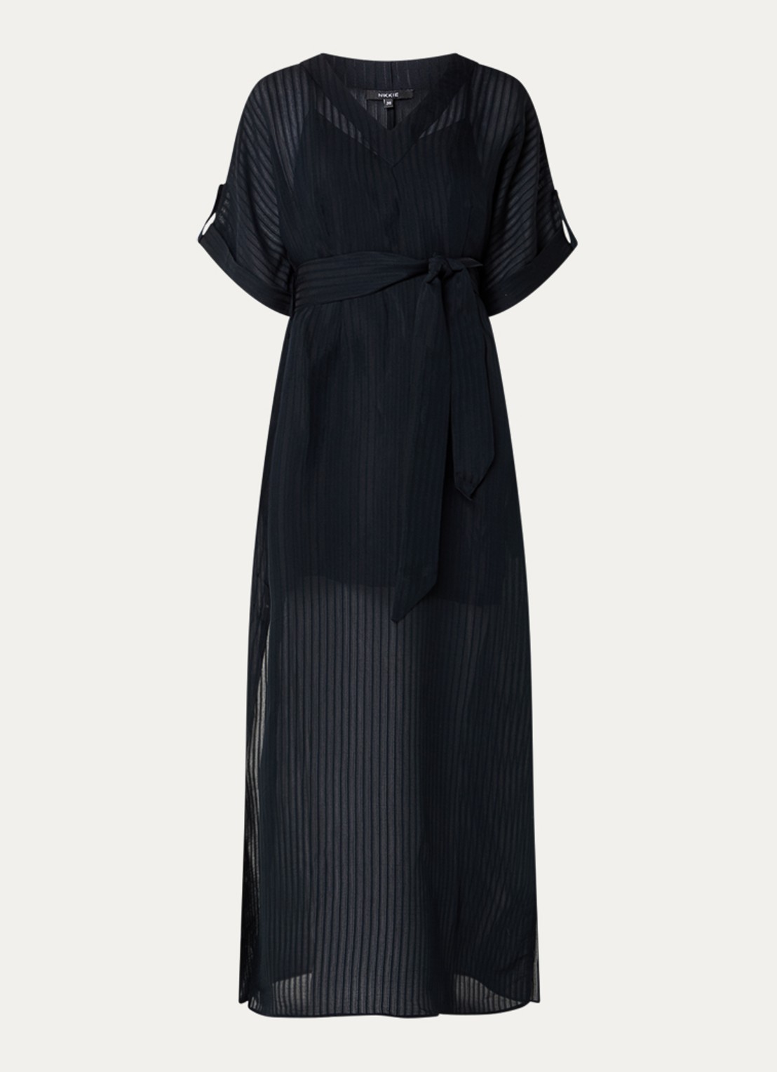 NIKKIE Qaftan maxi tuniek jurk met streepprint en strikceintuur - voorkant 2 zwart