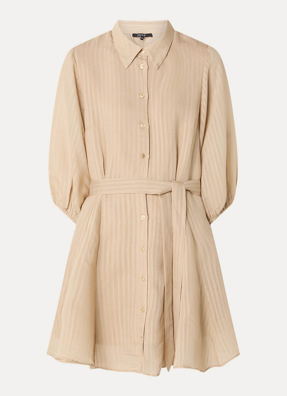 NIKKIE Qaftan mini blousejurk met strikceintuur - voorkant 2 camel